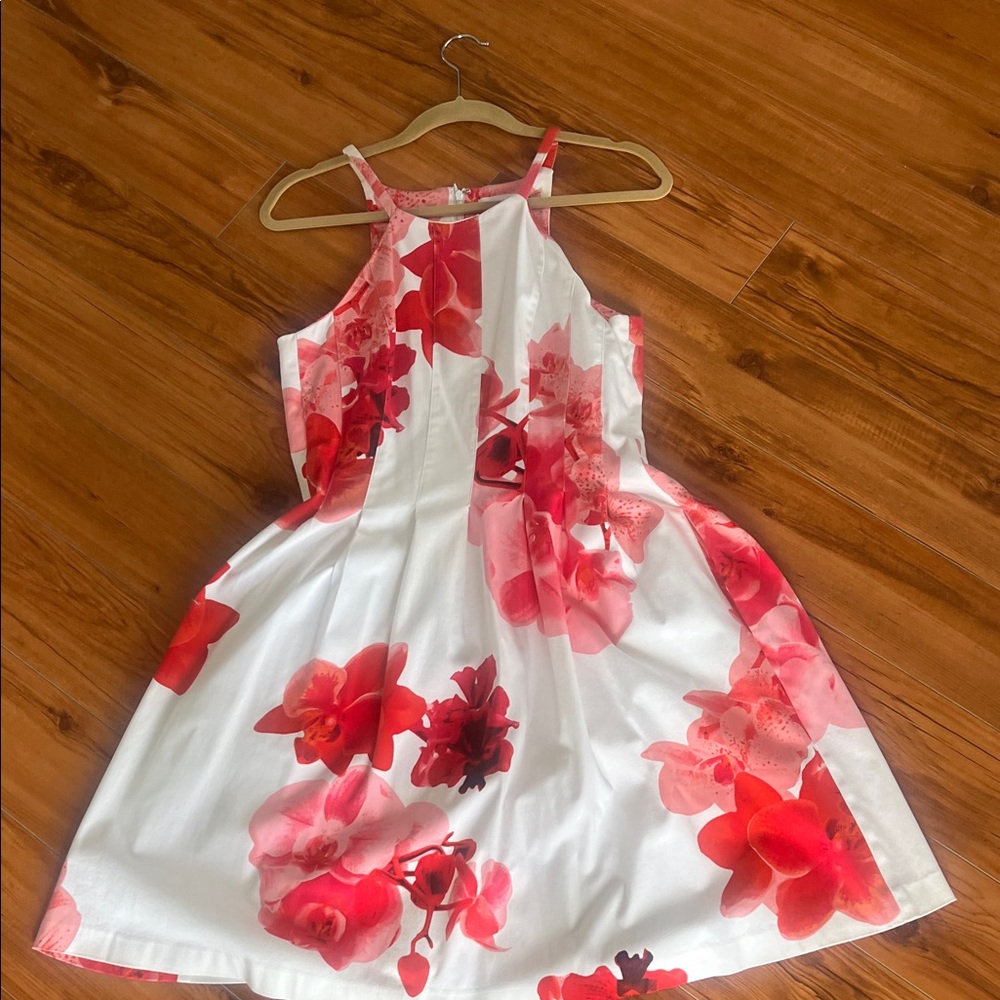 Calvin Klein White Halter Floral Dress with Red & Pink Blooms